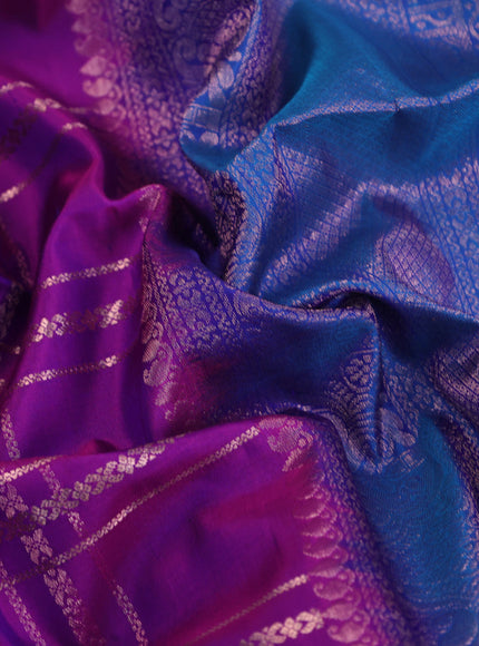 Pure soft silk saree purple and dual shade of blue with allover copper zari checked pattern and zari woven border