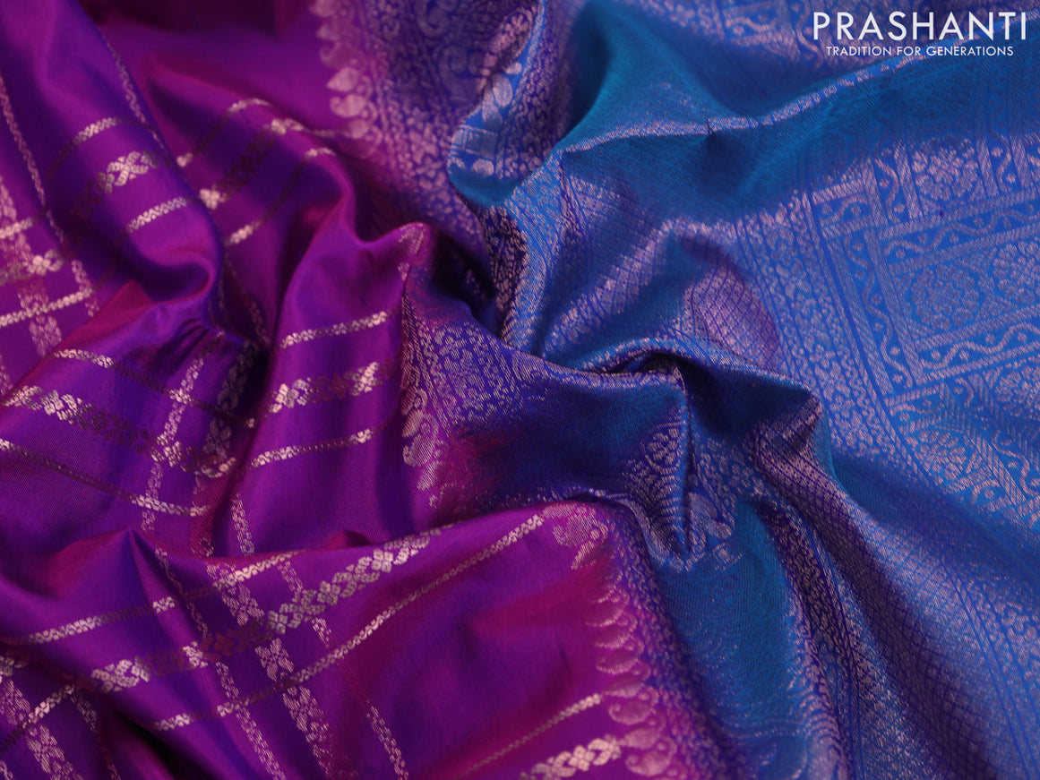 Pure soft silk saree purple and dual shade of blue with allover copper zari checked pattern and zari woven border