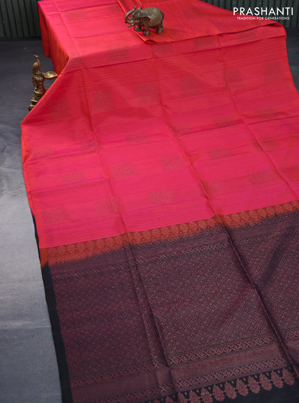 Pure soft silk saree dual shade of pinkish orange and black with woven buttas & jute finish in borderless style