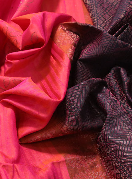 Pure soft silk saree dual shade of pinkish orange and black with woven buttas & jute finish in borderless style