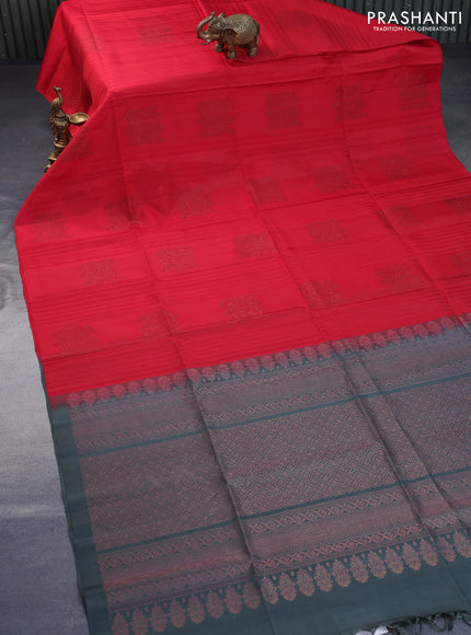 Pure soft silk saree red and greyish green with woven buttas & jute finish in borderless style