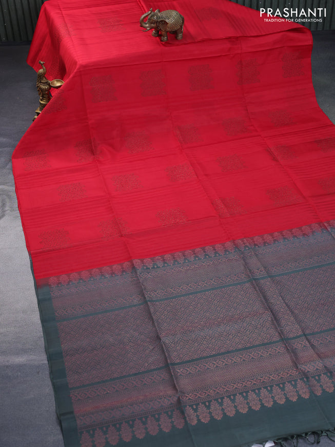 Pure soft silk saree red and greyish green with woven buttas & jute finish in borderless style