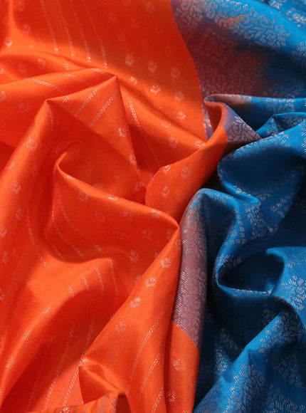 Pure soft silk saree orange and peacock blue with allover zari weaves and zari woven simple border