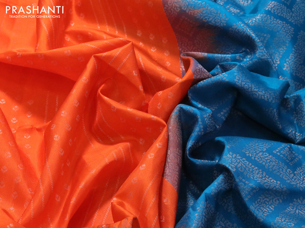 Pure soft silk saree orange and peacock blue with allover zari weaves and zari woven simple border