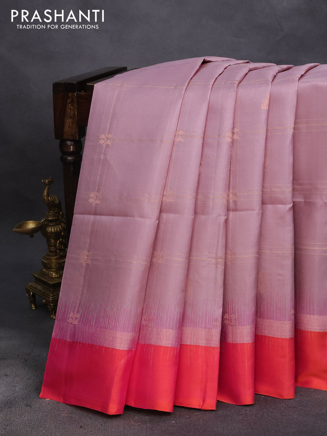 Pure soft silk saree pastel pink shade and dual shade of pinkish orange with allover zari checks & buttas and zari woven simple border