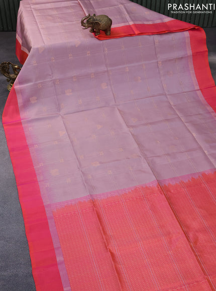 Pure soft silk saree pastel pink shade and dual shade of pinkish orange with allover zari checks & buttas and zari woven simple border