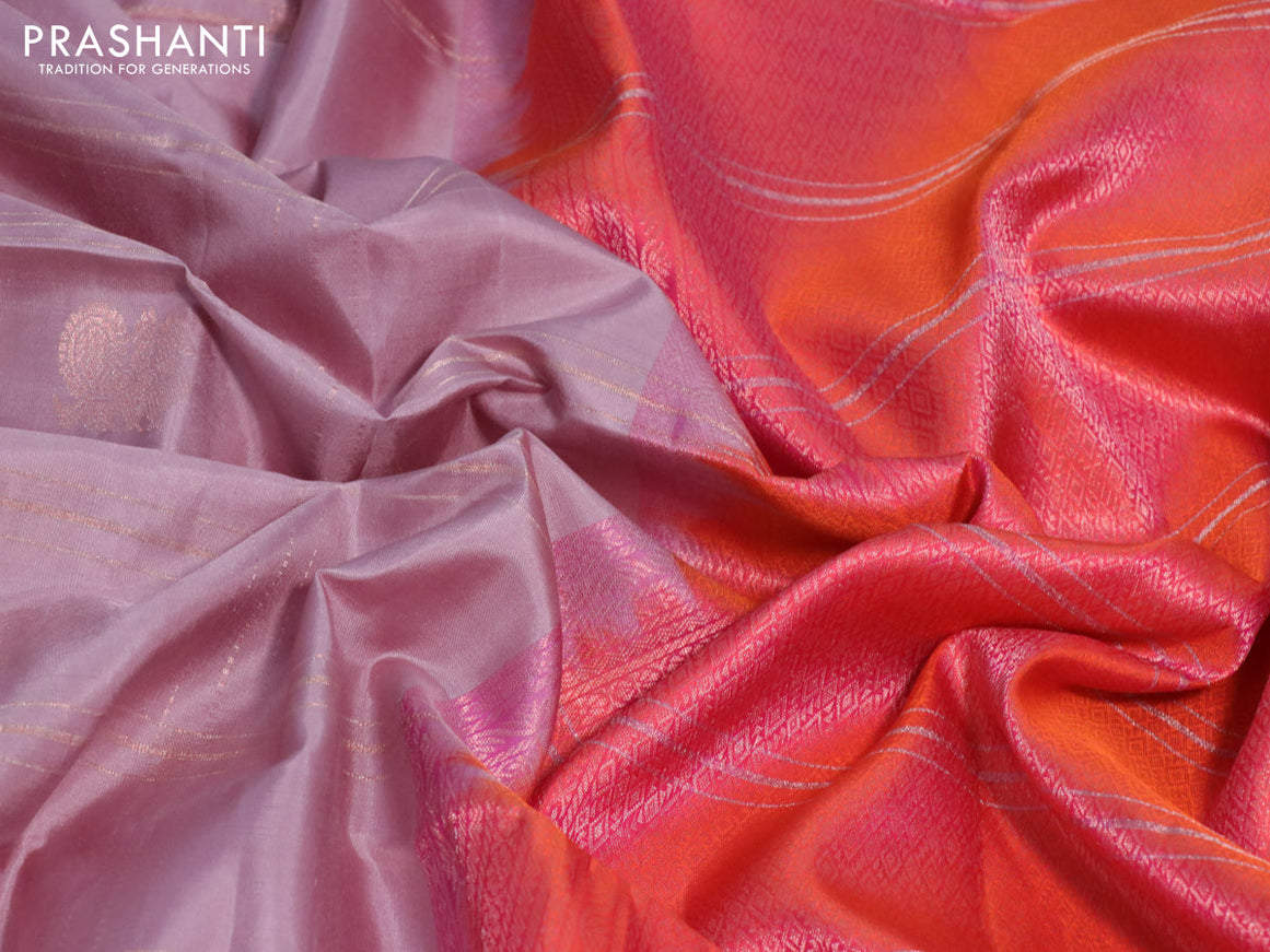 Pure soft silk saree pastel pink shade and dual shade of pinkish orange with allover zari checks & buttas and zari woven simple border