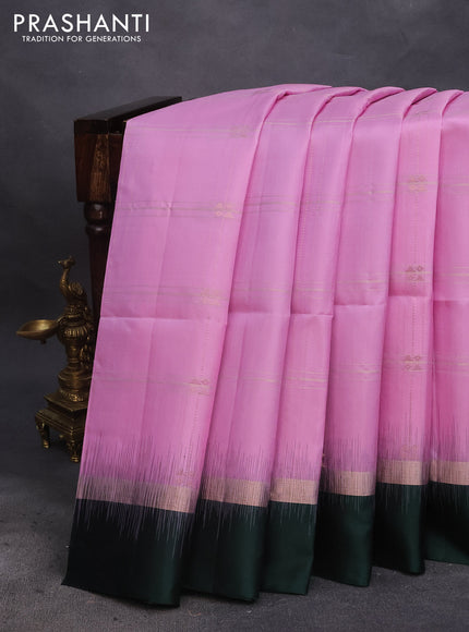 Pure soft silk saree lotus pink and bottle green with allover zari checks & buttas and zari woven simple border