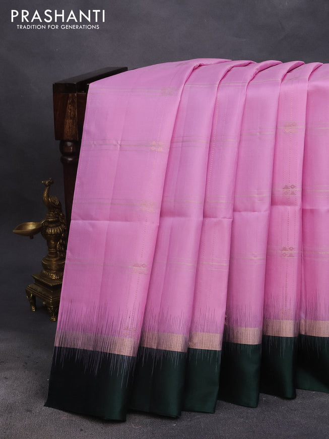 Pure soft silk saree lotus pink and bottle green with allover zari checks & buttas and zari woven simple border