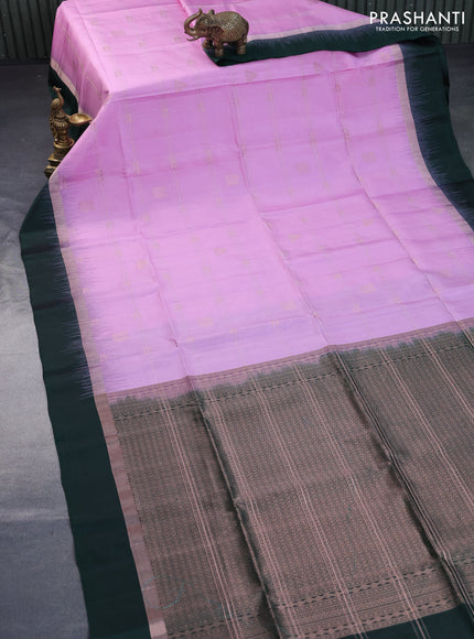 Pure soft silk saree lotus pink and bottle green with allover zari checks & buttas and zari woven simple border