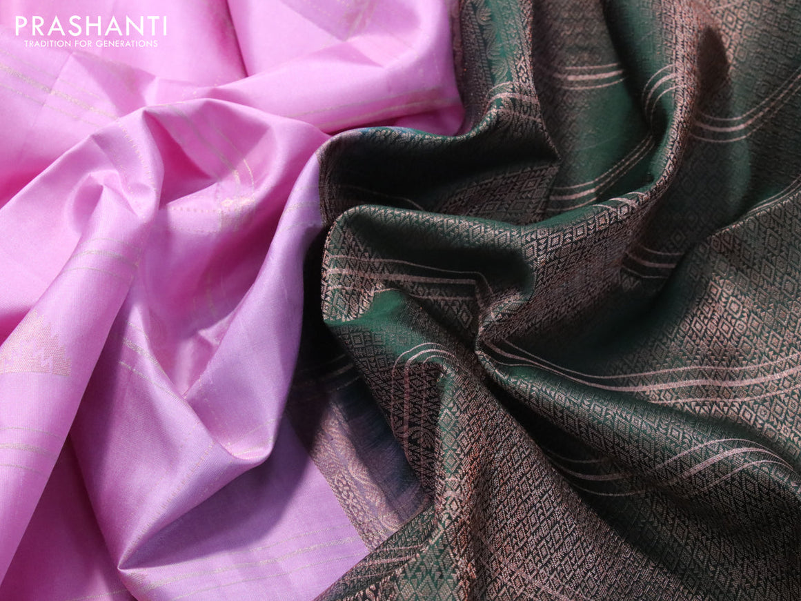 Pure soft silk saree lotus pink and bottle green with allover zari checks & buttas and zari woven simple border