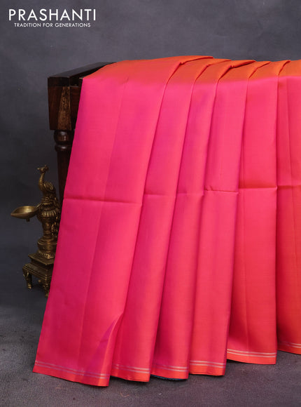 Pure soft silk saree dual shade of pinkish orange and dual shade of bluish green with plain body and small zari woven border