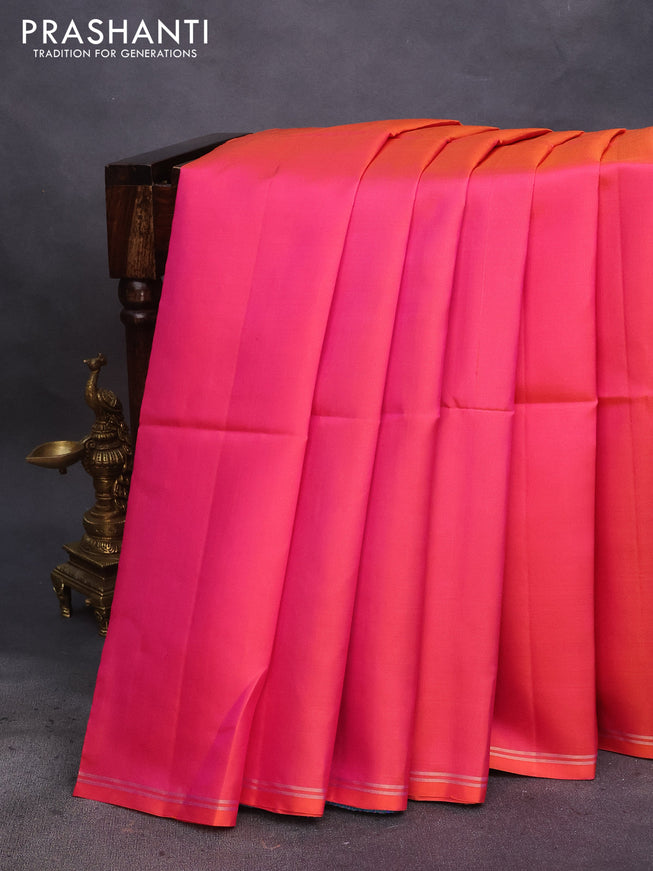 Pure soft silk saree dual shade of pinkish orange and dual shade of bluish green with plain body and small zari woven border