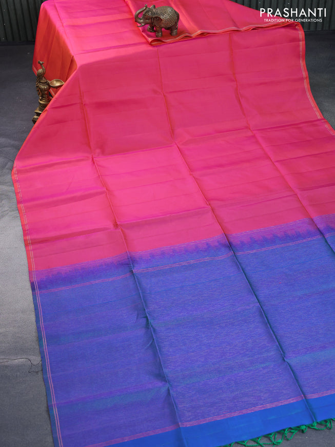 Pure soft silk saree dual shade of pinkish orange and dual shade of bluish green with plain body and small zari woven border