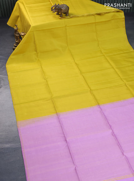 Pure soft silk saree yellow and light pink with plain body and small zari woven border