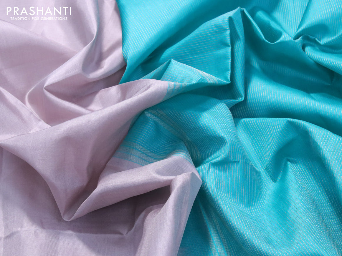 Pure soft silk saree pastel pink and teal blue with plain body and small zari woven border