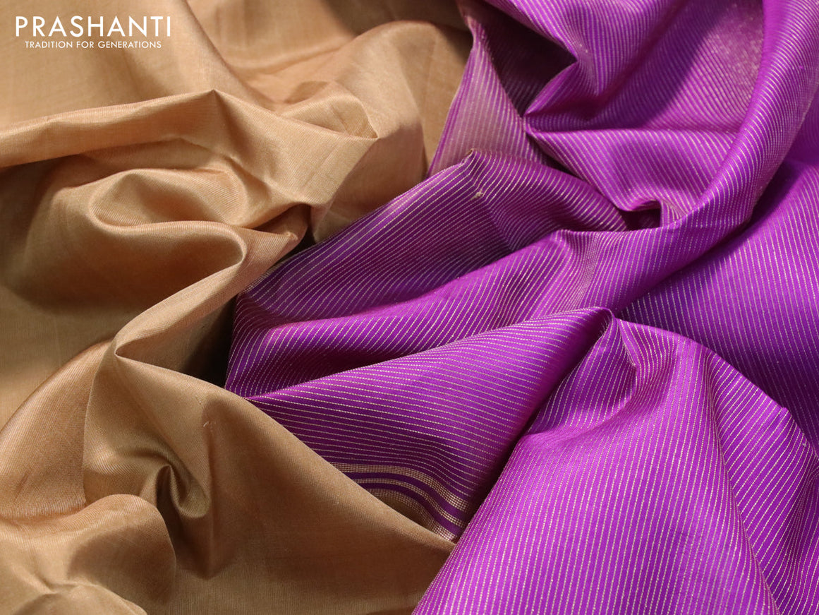 Pure soft silk saree sandal and purple with plain body and small zari woven border