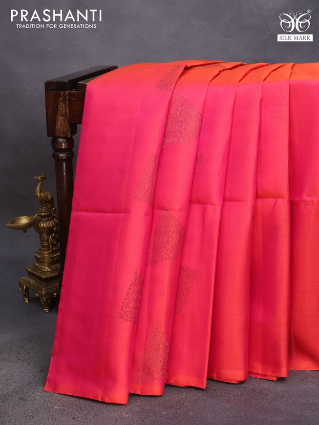 Pure soft silk saree dual shade of pinkish orange with thread & zari woven buttas in borderless style