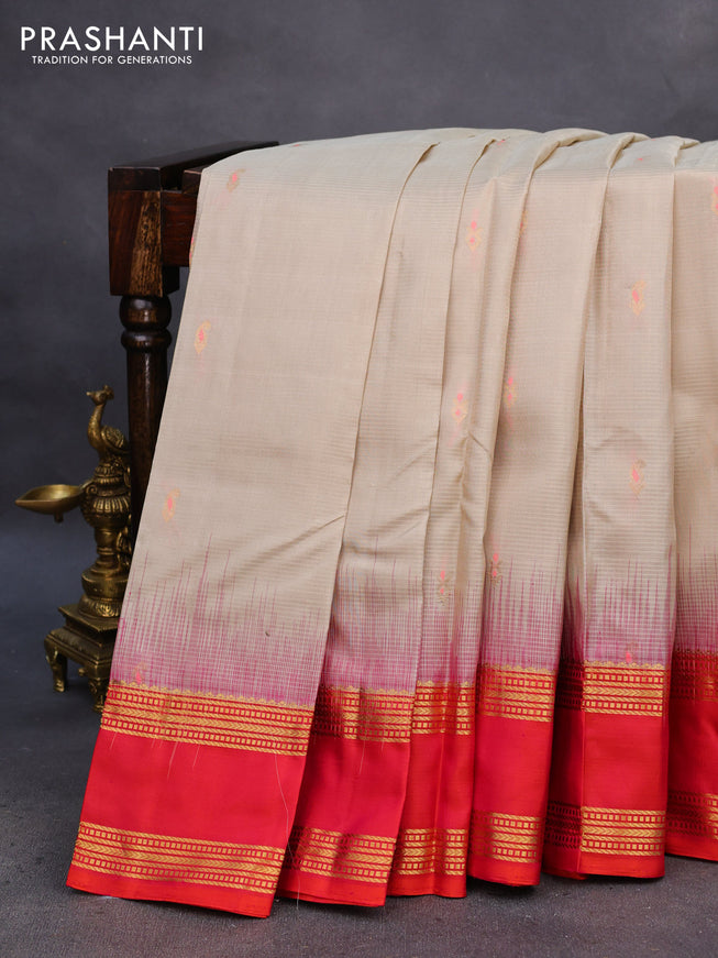 Pure soft silk saree beige and dual shade of pinkish orange with thread & zari woven buttas and rettapet zari woven border