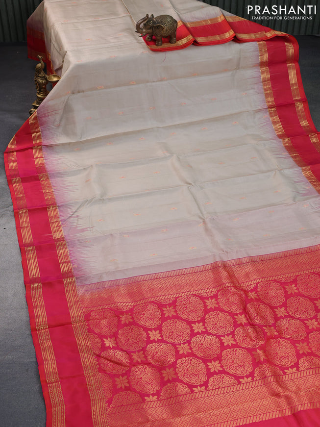 Pure soft silk saree beige and dual shade of pinkish orange with thread & zari woven buttas and rettapet zari woven border