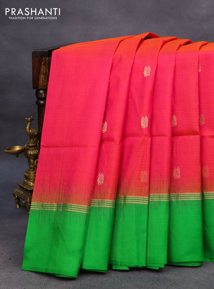 Pure soft silk saree dual shade of pinkish orange and green with zari woven buttas and zari woven simple border