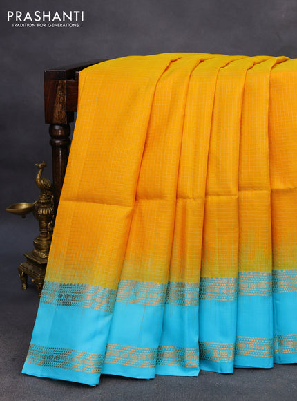 Pure soft silk saree mustard yellow and light blue with allover small zari checked pattern and rettapet zari woven border