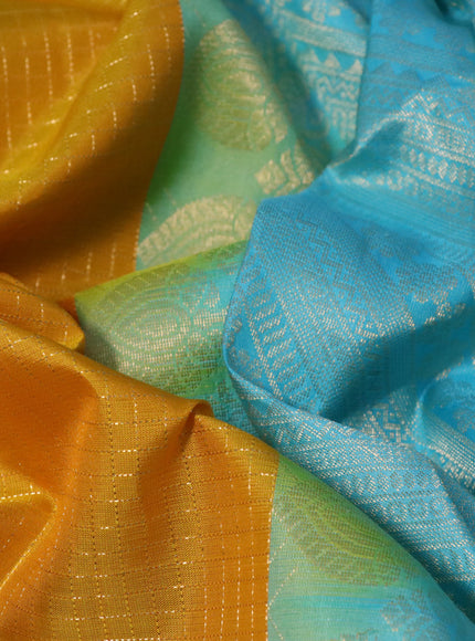 Pure soft silk saree mustard yellow and light blue with allover small zari checked pattern and rettapet zari woven border