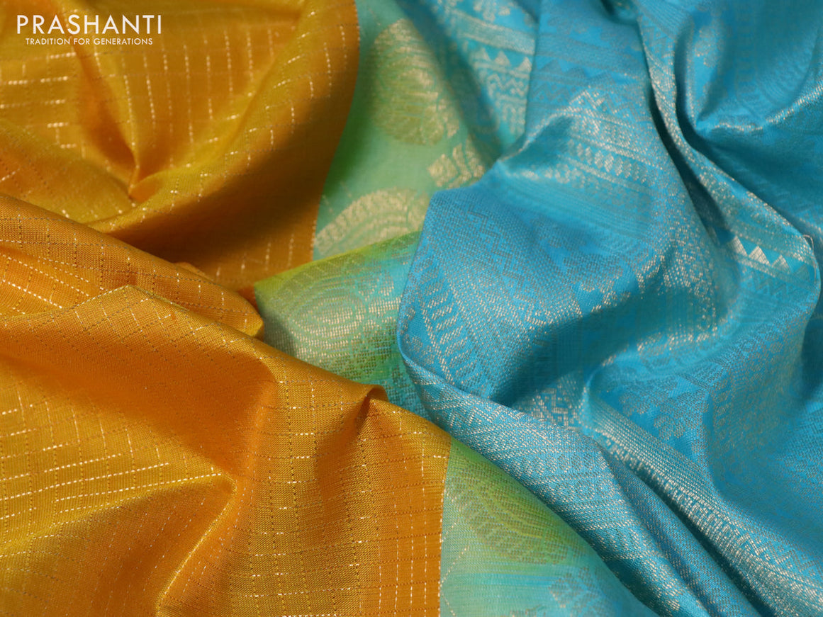 Pure soft silk saree mustard yellow and light blue with allover small zari checked pattern and rettapet zari woven border