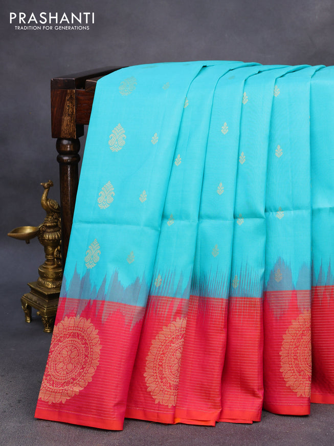 Pure soft silk saree teal blue and dual shade of pinkish orange with zari woven buttas and zari woven border