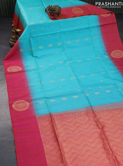 Pure soft silk saree teal blue and dual shade of pinkish orange with zari woven buttas and zari woven border