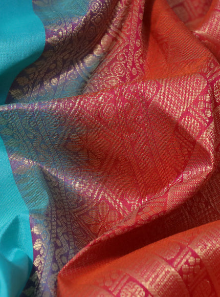 Pure soft silk saree teal blue and dual shade of pinkish orange with zari woven buttas and zari woven border