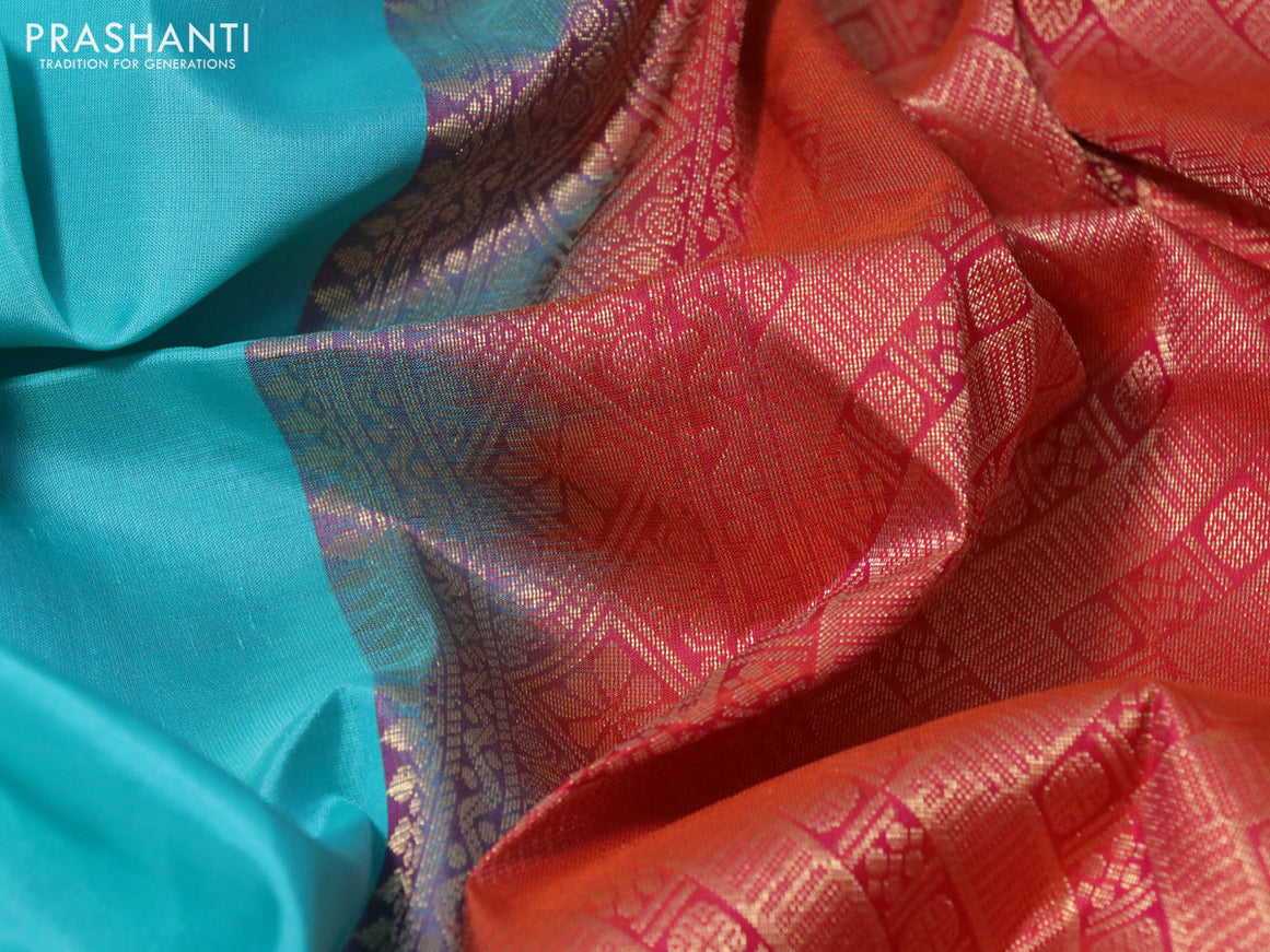 Pure soft silk saree teal blue and dual shade of pinkish orange with zari woven buttas and zari woven border