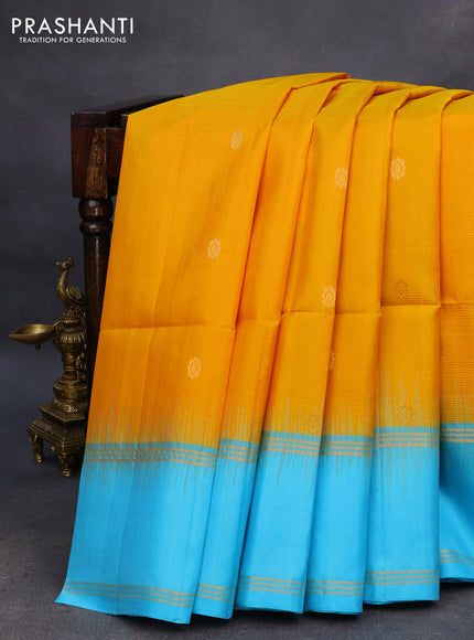 Pure soft silk saree mango yellow and light blue with zari woven buttas and rettapet zari woven border