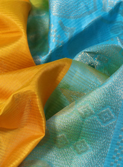 Pure soft silk saree mango yellow and light blue with zari woven buttas and rettapet zari woven border