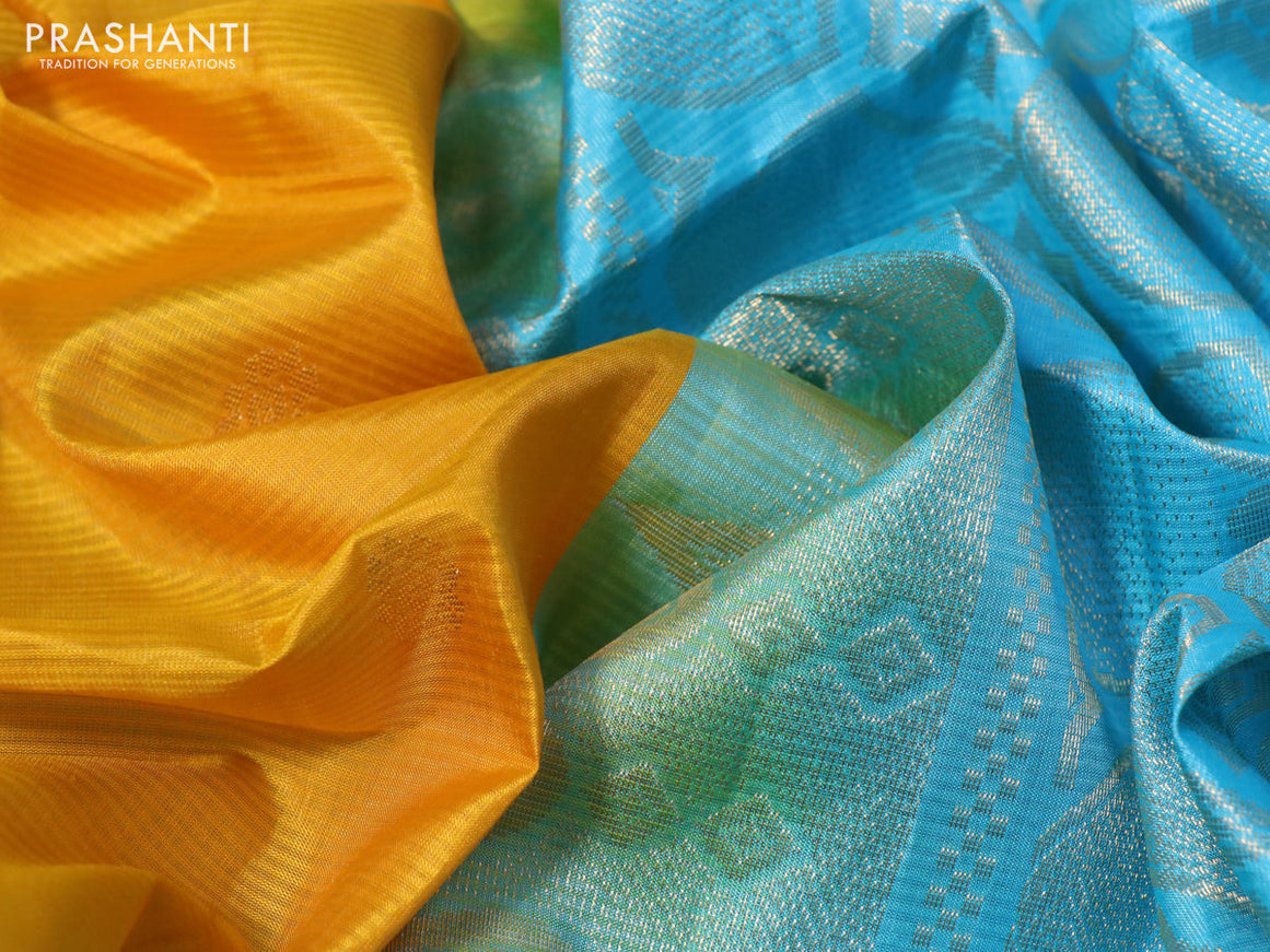 Pure soft silk saree mango yellow and light blue with zari woven buttas and rettapet zari woven border