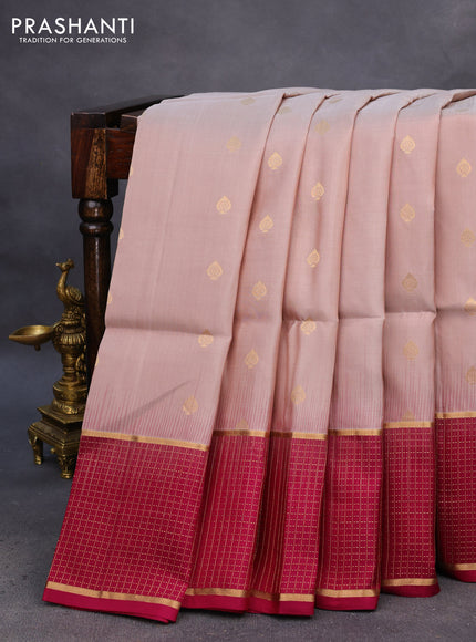 Pure soft silk saree beige and dark magenta with zari woven buttas and zari woven checked border