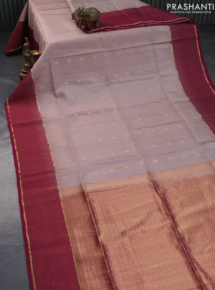 Pure soft silk saree beige and dark magenta with zari woven buttas and zari woven checked border