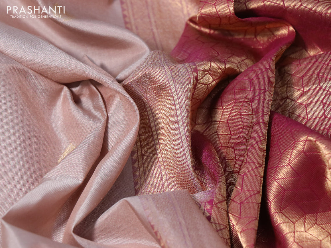 Pure soft silk saree beige and dark magenta with zari woven buttas and zari woven checked border