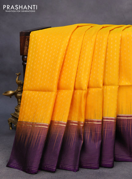 Pure soft silk saree mango yellow and violet with allover zari woven butta weaves and zari wwoven border