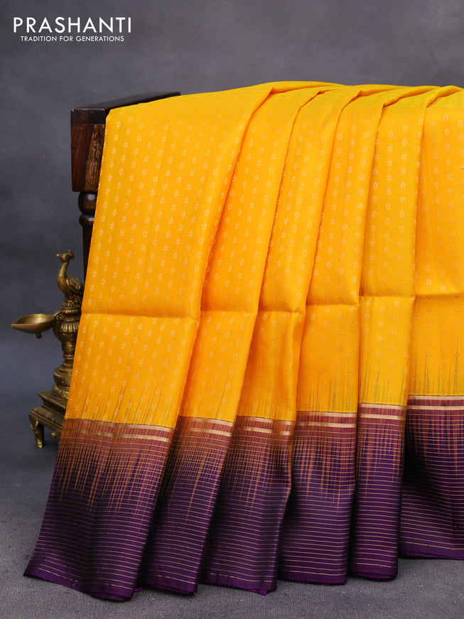 Pure soft silk saree mango yellow and violet with allover zari woven butta weaves and zari wwoven border