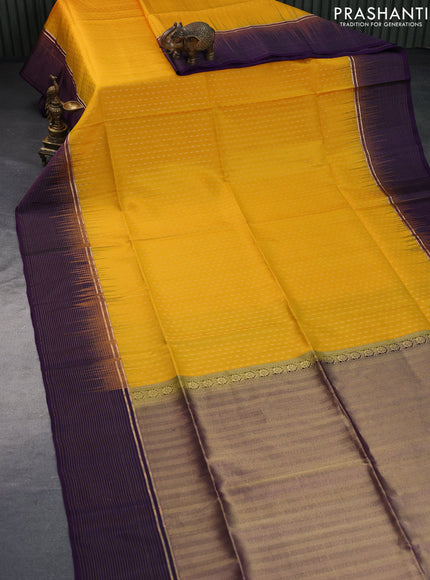 Pure soft silk saree mango yellow and violet with allover zari woven butta weaves and zari wwoven border