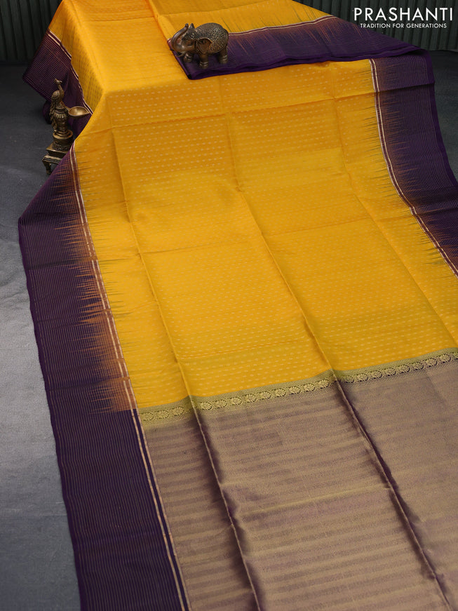 Pure soft silk saree mango yellow and violet with allover zari woven butta weaves and zari wwoven border