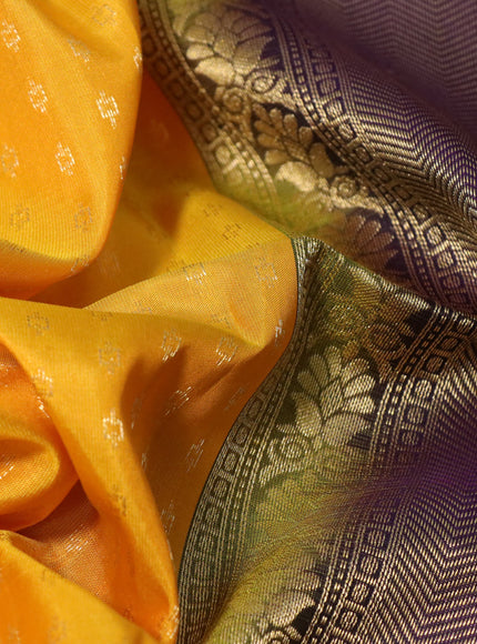 Pure soft silk saree mango yellow and violet with allover zari woven butta weaves and zari wwoven border