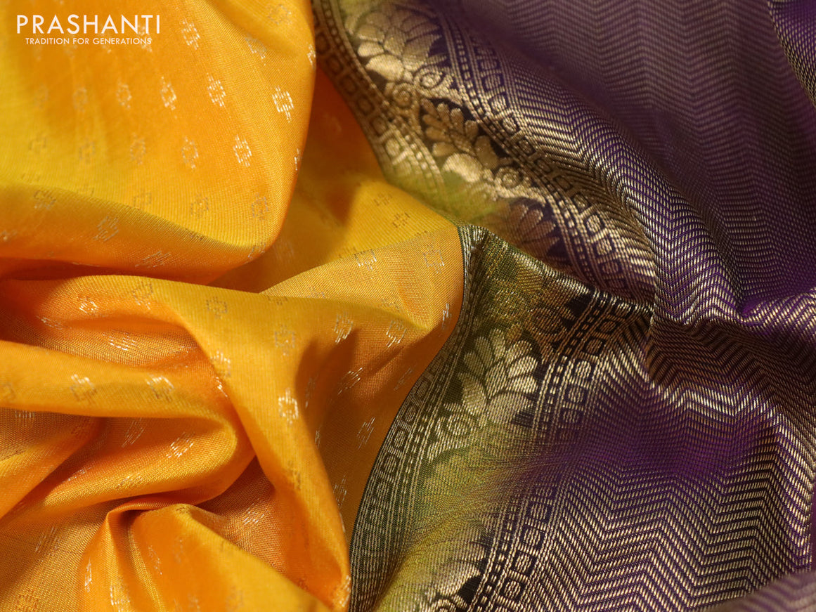 Pure soft silk saree mango yellow and violet with allover zari woven butta weaves and zari wwoven border