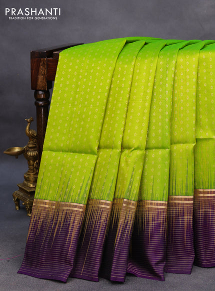 Pure soft silk saree lime green and violet with allover zari woven butta weaves and zari wwoven border