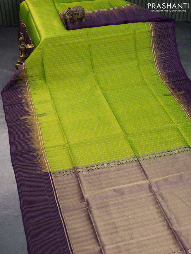 Pure soft silk saree lime green and violet with allover zari woven butta weaves and zari wwoven border