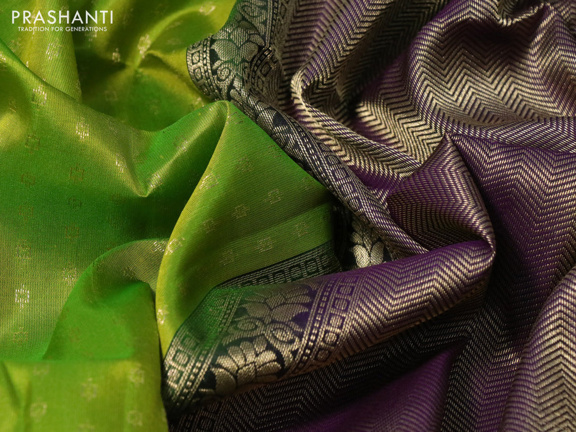 Pure soft silk saree lime green and violet with allover zari woven butta weaves and zari wwoven border