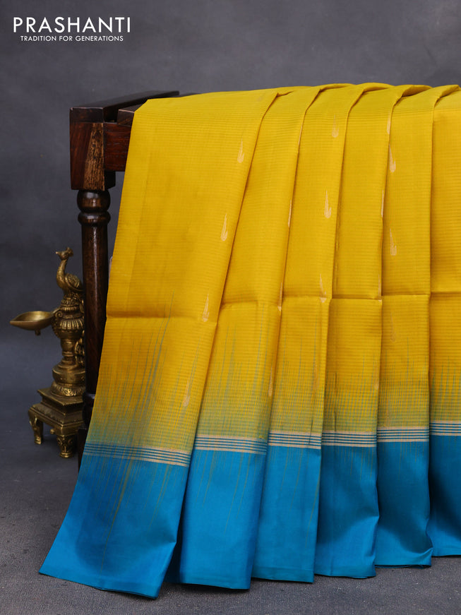 Pure soft silk saree mustard yellow and cs blue with zari woven muniya buttas and zari woven simple border