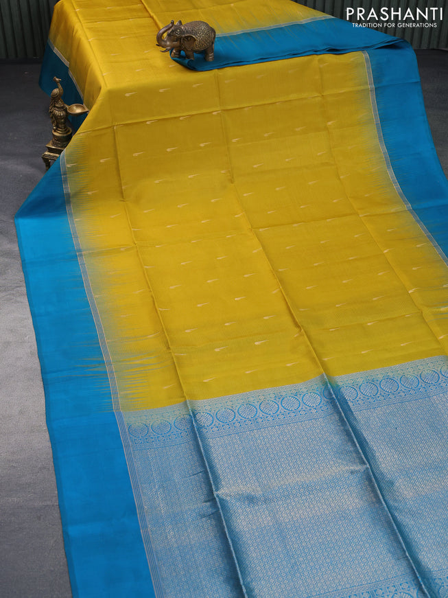 Pure soft silk saree mustard yellow and cs blue with zari woven muniya buttas and zari woven simple border