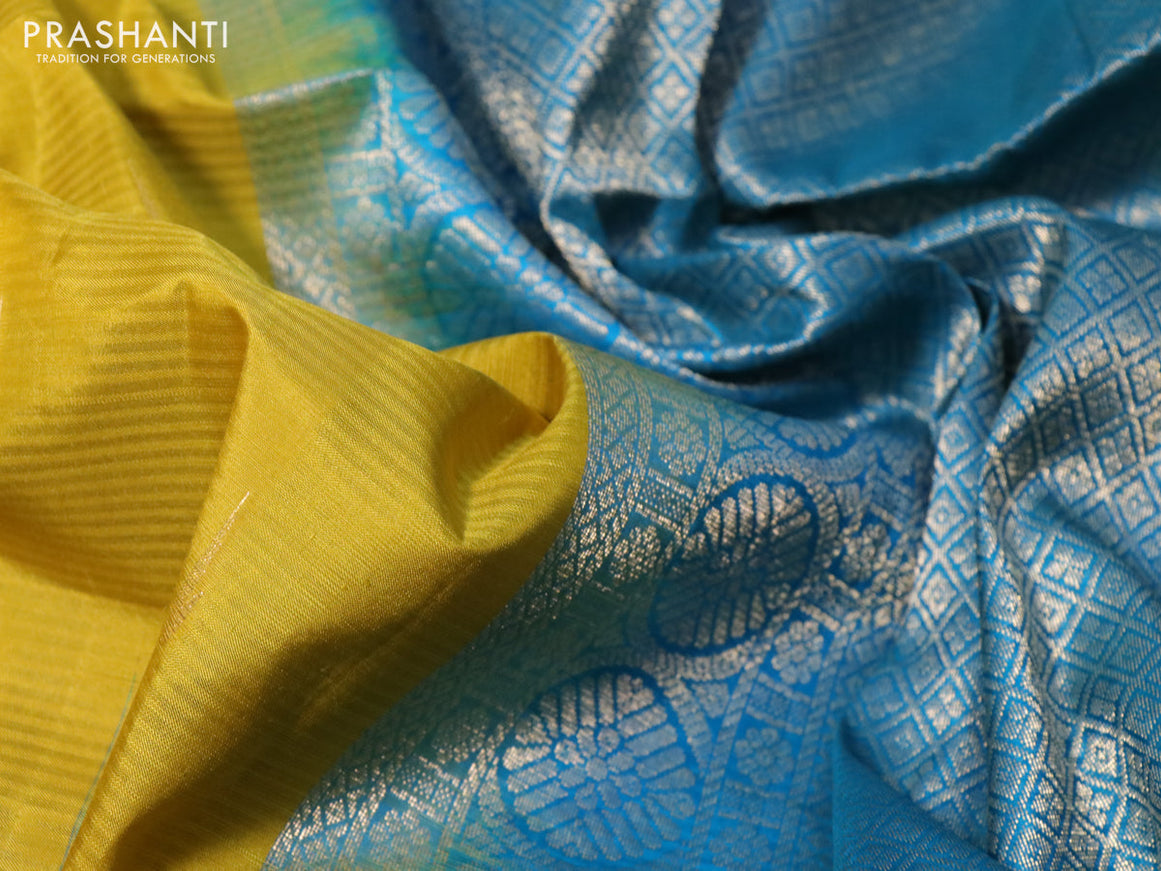 Pure soft silk saree mustard yellow and cs blue with zari woven muniya buttas and zari woven simple border